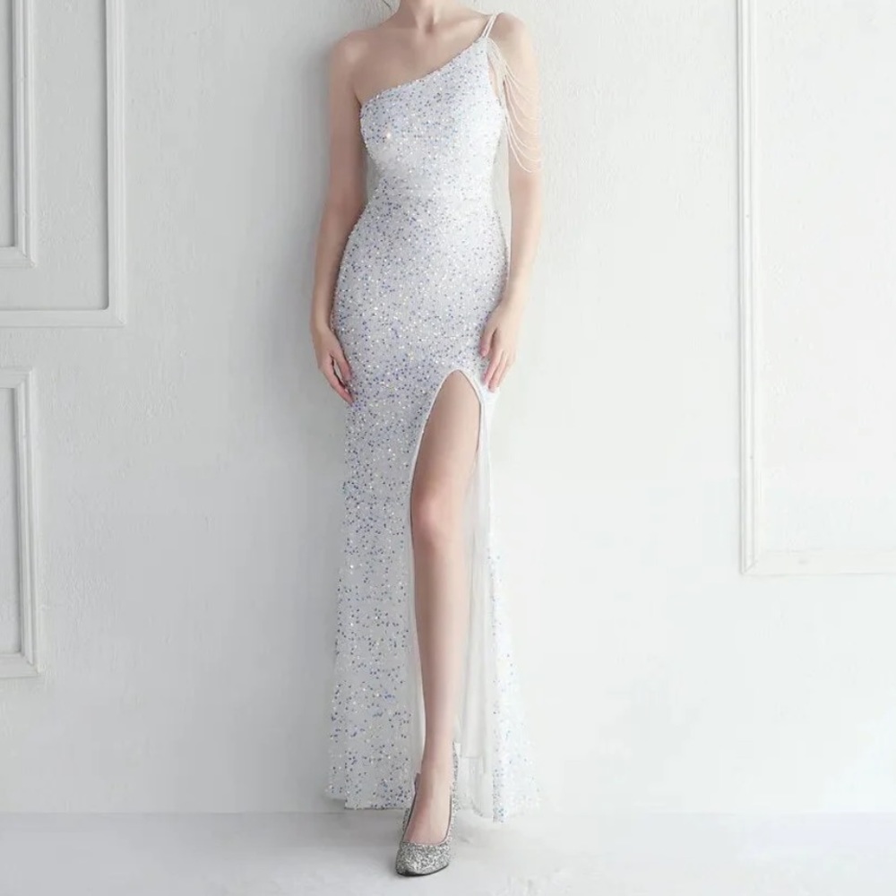 White sequin off shoulder Gatsby beaded prom dress formal gala wedding gown
